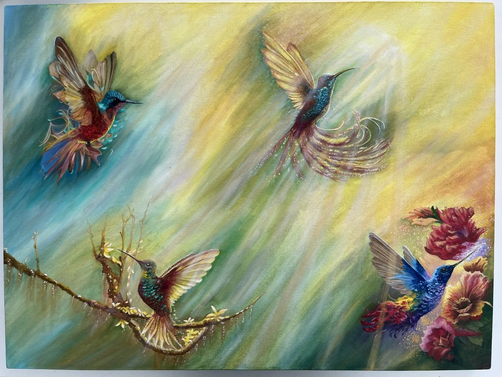 óleo sobre tela beija-flores